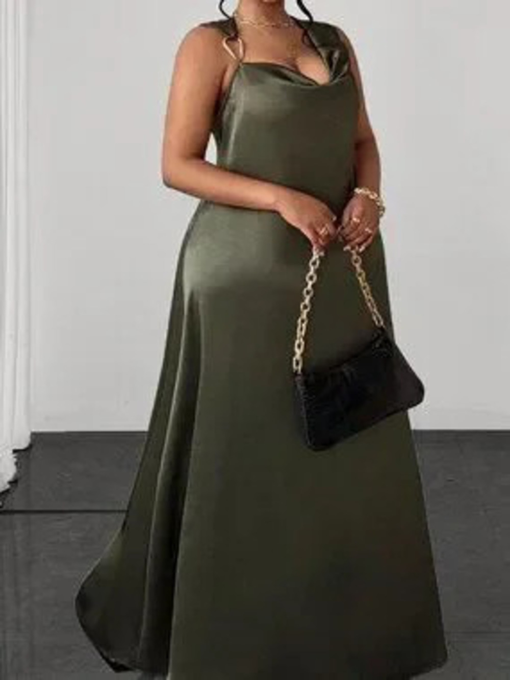 ZARA Olive Green Elegant Women's Plus Size Cowl Neck Sleeveless Dress